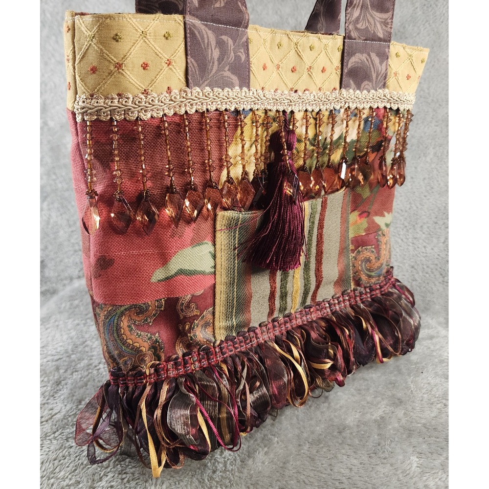 Vintage Tote Bag Red Gold Patchwork Tapestry Paisley Beaded Tassel‎ Fringe Boho